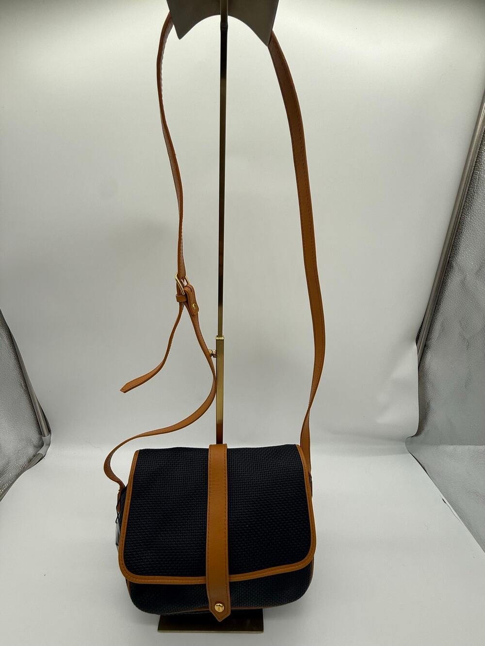 Vintage Yves Saint Laurent Navy Blue Woven PVC Saddle flap Tan Leather YSL
